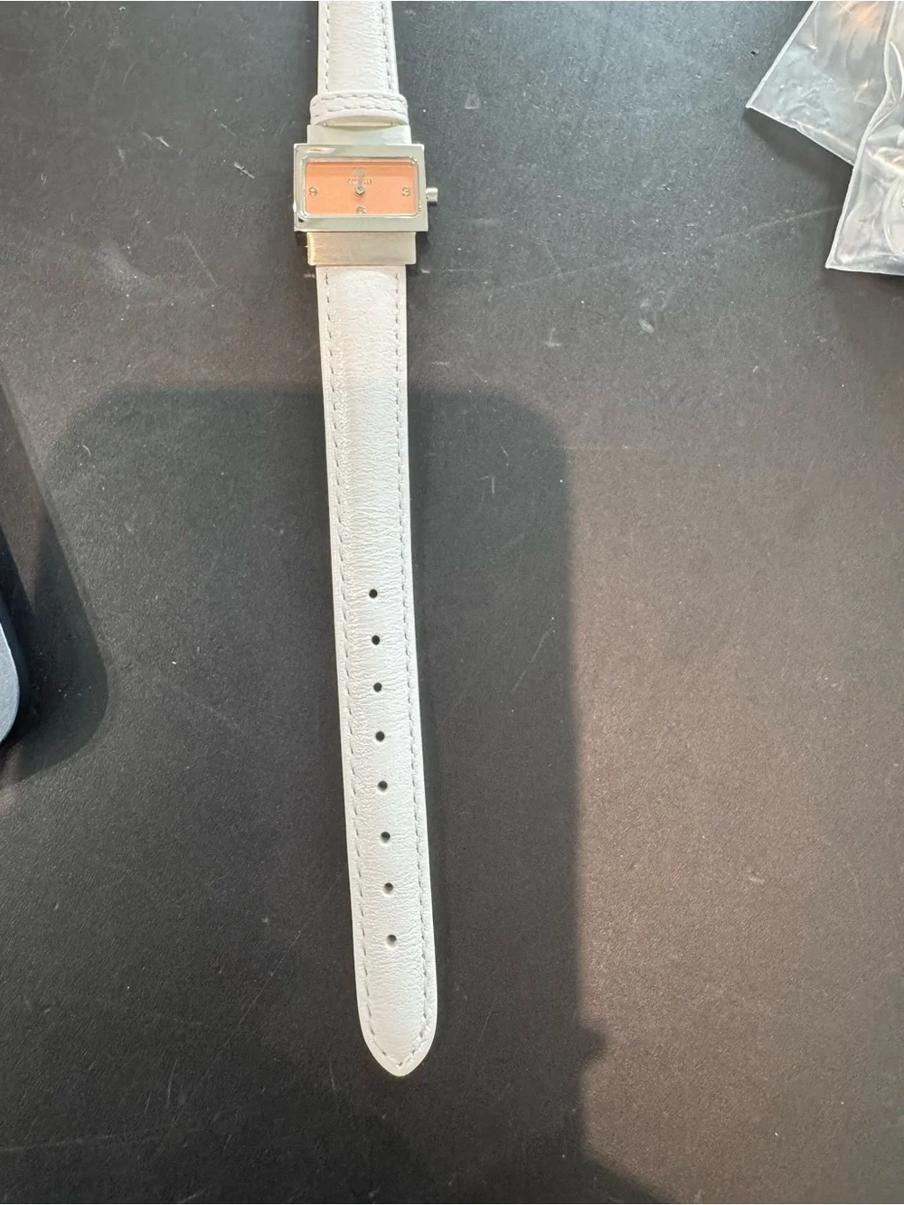Ecclissi Silver Watch Rectangle Tank Case Salmon Copper Dial White Leather Band
